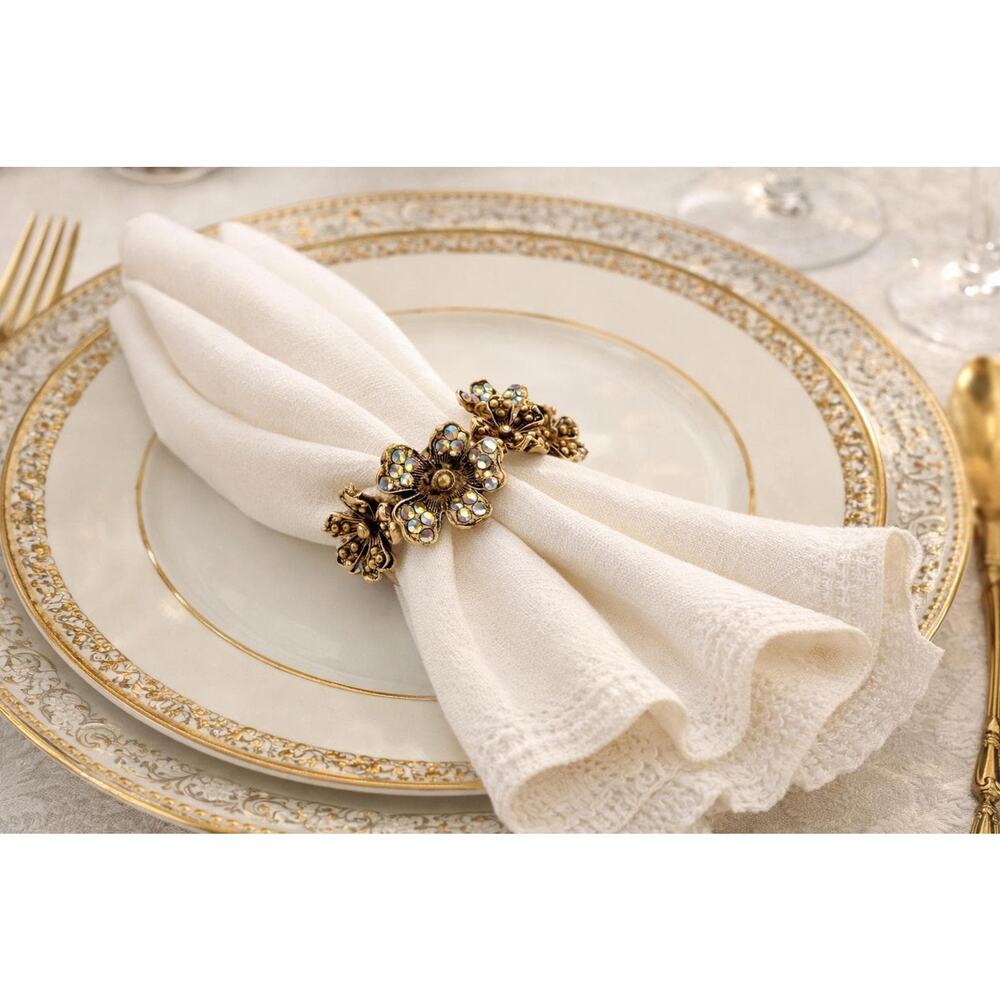 Vintage Floral Rhinestone Napkin Rings Set of 4 Gold Tone Mid Century Decor